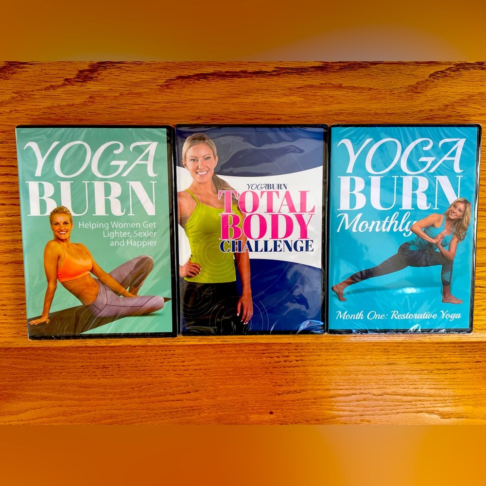 3 BRAND NEW YogaBurn DVDs + Band